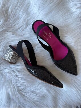Black Sequin Pointed Slingback Heels with Silver Glitter Block Heel